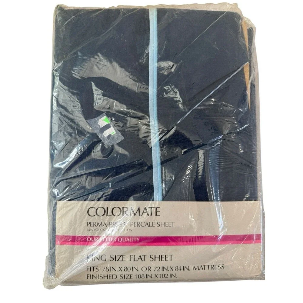 Rare Colormate Perma Prest Percale Sheet King Size Flat Sheet Blue Vintage New